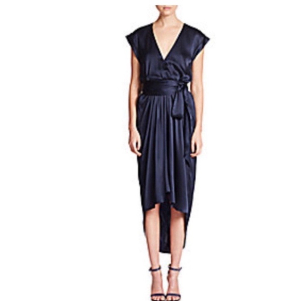Alice‎ & Olivia Toni V-Neck Navy Satin Hi Low Dress Size 0 Belt Maxi Train